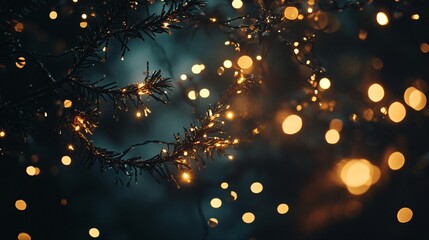 A close-up of glowing fairy lights intertwined with evergreen branches, creating a magical atmosphere.