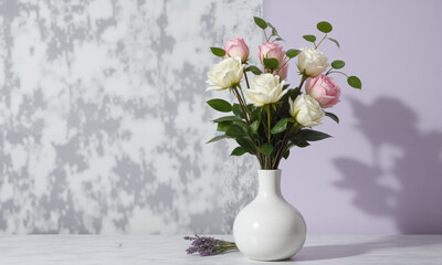 Sympathy Tribute (Lilies Roses Lavender) tall, graceful vase with clear water, holding a serene arrangement of white lilies,