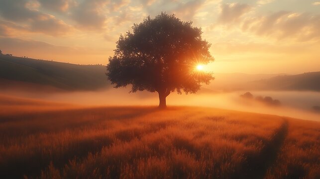 Solitary tree in misty sunrise field.