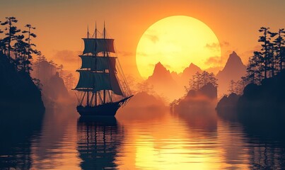 Fototapeta premium Sunset sailboat, tranquil mountains, serene waters.