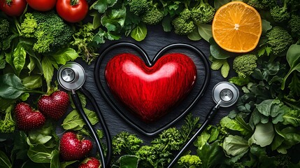 Image showcasing a red heart surrounded by various healthy foods and a stethoscope, emphasizing the connection between diet and heart health. heart disease risk factor