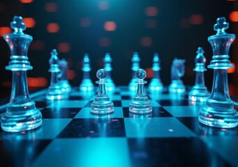 Chess pieces arranged in a vibrant display on a checkered board at night