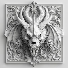 Intricate stone dragon bas-relief with ornate detailing and curved horns