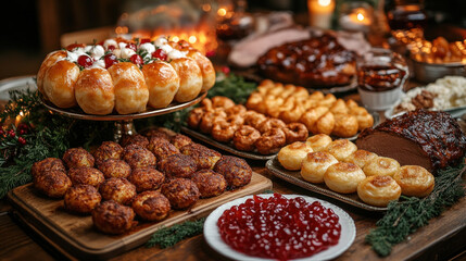 A Hanukkah dinner table with latkes, brisket, and sufganiyot (jelly doughnuts)