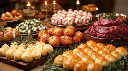 A Hanukkah dinner table with latkes, brisket, and sufganiyot (jelly doughnuts)