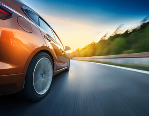 Obraz premium Car drives on a sunny road with green landscape scenery