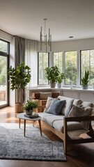 Fototapeta premium Tranquil traditional rural home interior with neutral color couch large windows and patterned rug beneath the furniture