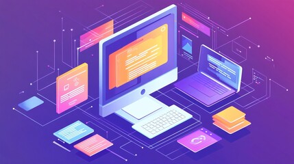 Colorful digital workspace featuring desktop and laptop with floating data elements, ideal for tech and innovation themes.