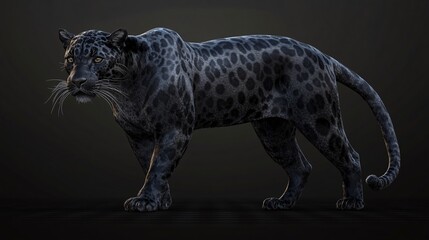 A striking black jaguar with prominent spots, showcasing its powerful physique against a dark background.