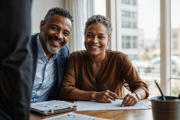 Portrait of happy mature African American couple signing financial contract at the bank office