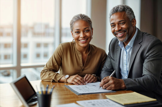 Portrait of happy elderly African American couple signing financial contract at the bank office - Powered by Adobe