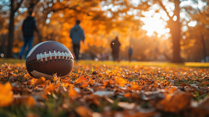 A Thanksgiving morning family football game in a grassy field surrounded by autumn leaves
