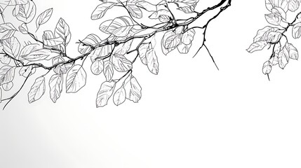 Fototapeta premium tree branch with leaves line art black white background