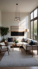 Fototapeta premium Bright and airy rural home interior with neutral color couch large windows and a vintage rug under furniture