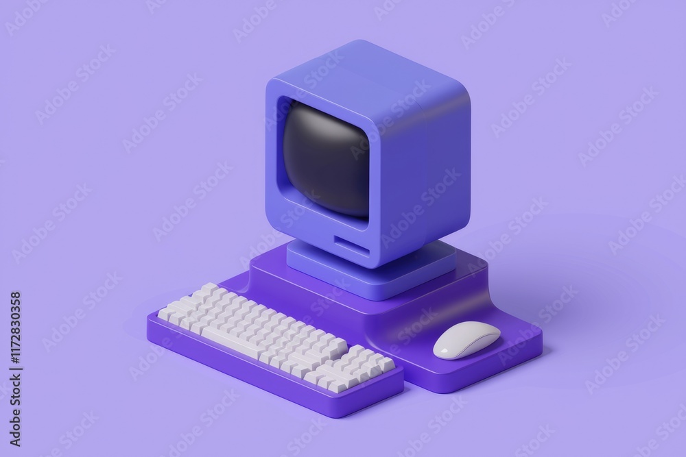 Poster A 3D rendering of a retro computer with a purple color scheme.