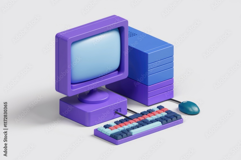 Poster A retro style computer with a purple monitor  keyboard  and mouse.