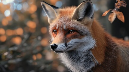 Fototapeta premium A close-up of a red fox in a serene forest setting, showcasing its striking fur and intelligent expression.