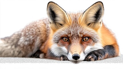 Fototapeta premium A close-up of a red fox resting, showcasing its vibrant orange fur and sharp eyes.
