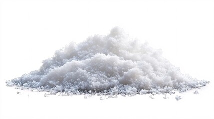 A close-up view of a mound of salt crystals, showcasing their fine white texture against a clean white background.