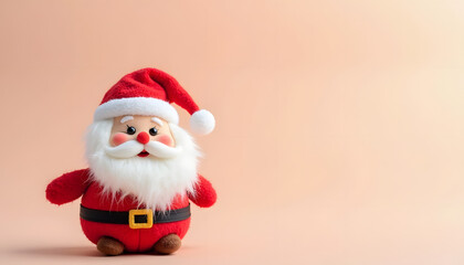 A cute plush Santa Claus figurine, fully isolated on a bright background, emphasizing its cheerful expression and details. Perfect for festive themes and holiday decorations