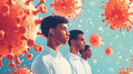 Three young men stand strong amidst a sea of COVID-19 viruses, symbolizing the resilience of youth during the pandemic. HIV transmission