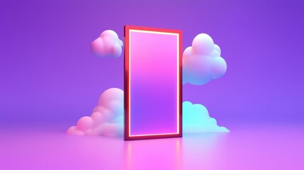 Neon Portal Fantasy Background Glowing Frame Pastel Clouds Purple Sky