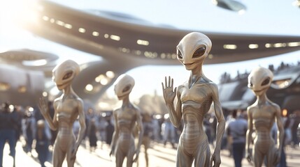A group of friendly extraterrestrial beings greet visitors at a futuristic spaceport.