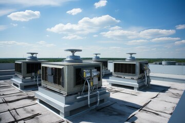 Industrial air conditioning units are working on a rooftop on a sunny day