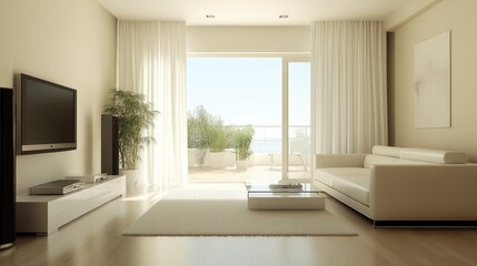 Fototapeta premium A bright, airy living room featuring a comfortable sofa, neutral tones, and contemporary decor.