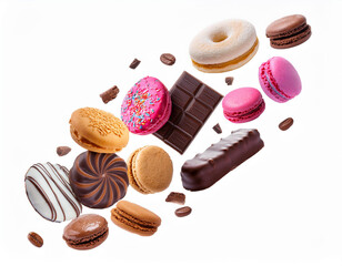 Confectionery and sweets collage. Donuts, cupcakes, cookies, macarons flying over white background.