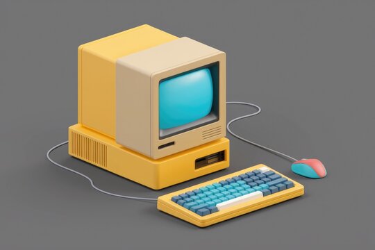 A retro computer with a yellow and beige design  featuring a monitor  keyboard  and mouse.