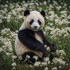 Obraz premium A young panda with a predominantly white fur coat sitting in a field of soft white flowers.