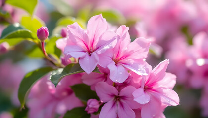 Close-Up of Delicate Pink Flowers with Water Droplets, Soft Sunlight, and Lush Green Foliage: A Stunning Springtime Floral Image Perfect for Nature Lovers, Gardeners, and Wallpaper Enthusiasts.