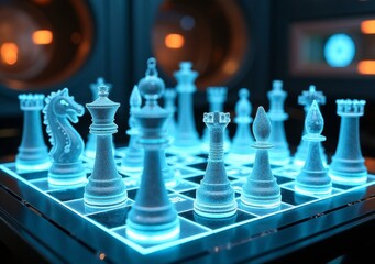Chess pieces illuminated with blue light creating a futuristic atmosphere