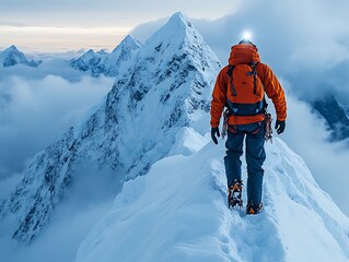 Majestic Mountain Climber: Photo - Wide Shot of Adventurous Ascent Through Snowy Peaks at Dawn. AI Generated
