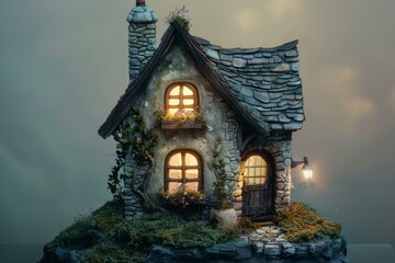 Fototapeta premium Charming miniature stone cottage with glowing windows, nestled on a rocky outcrop, evokes a sense of warmth and tranquility