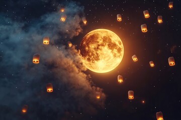A glowing moon surrounded by floating lanterns in a starry night sky.