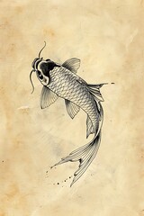 Fototapeta premium koi fish swimming outline black beige background