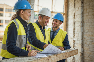 Three construction workers are smiling and looking at blueprints. They are wearing safety gear and are standing in front of a building