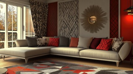 A contemporary living room with a clean-lined sectional sofa, decorative throw pillows, and geometric decor.