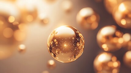 Golden spheres floating in a warm abstract background with glowing details and soft light reflections. Copy space