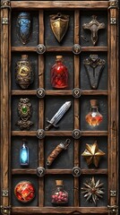 3D RPG inventory icons featuring weapons potions armor and tools on textured wood leather and metal backgrounds