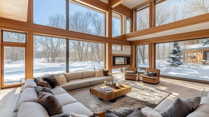 A contemporary living room with a modular sofa, warm wood tones, and floor-to-ceiling windows.