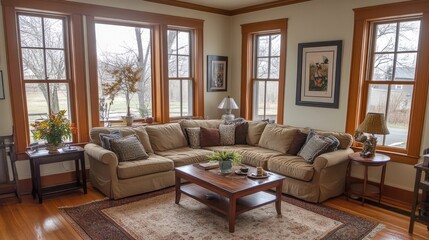 Fototapeta premium A cozy living room with a stylish sectional sofa, warm wood furniture, and potted greenery.