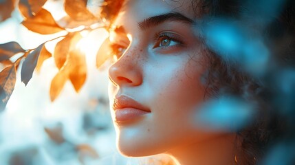 Fototapeta premium Close-up portrait of a beautiful young woman with freckles and curly hair, bathed in the warm golden light of sunset. She is partially obscured by leaves.