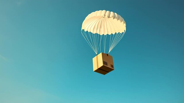 White round parachute delivering cardboard box against blue sky with few clouds, representing fast and safe online shopping delivery during daytime