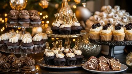 Naklejka premium Festive Christmas cupcake and dessert display with gold accents.