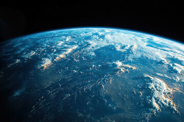 Obraz premium Earth from space at sunrise, clouds, continents, starfield background, space exploration