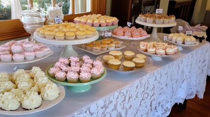 Fototapeta premium A display counter filled with cakes, muffins, and other sweet treats in a cafe.