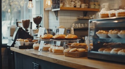 A display counter filled with cakes, muffins, and other sweet treats in a cafe.